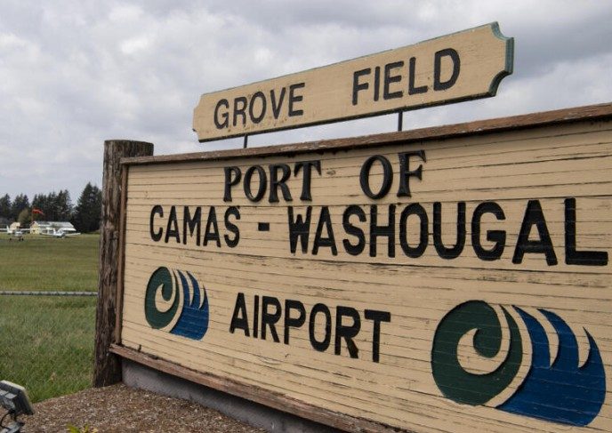 Entrance sign reading 'Grove Field, Port of Camas-Washougal Airport'